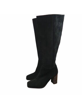 Sam Edelman 7 Black Knee-High Suede Boots Stacked Wooden Block Heel Square Toe